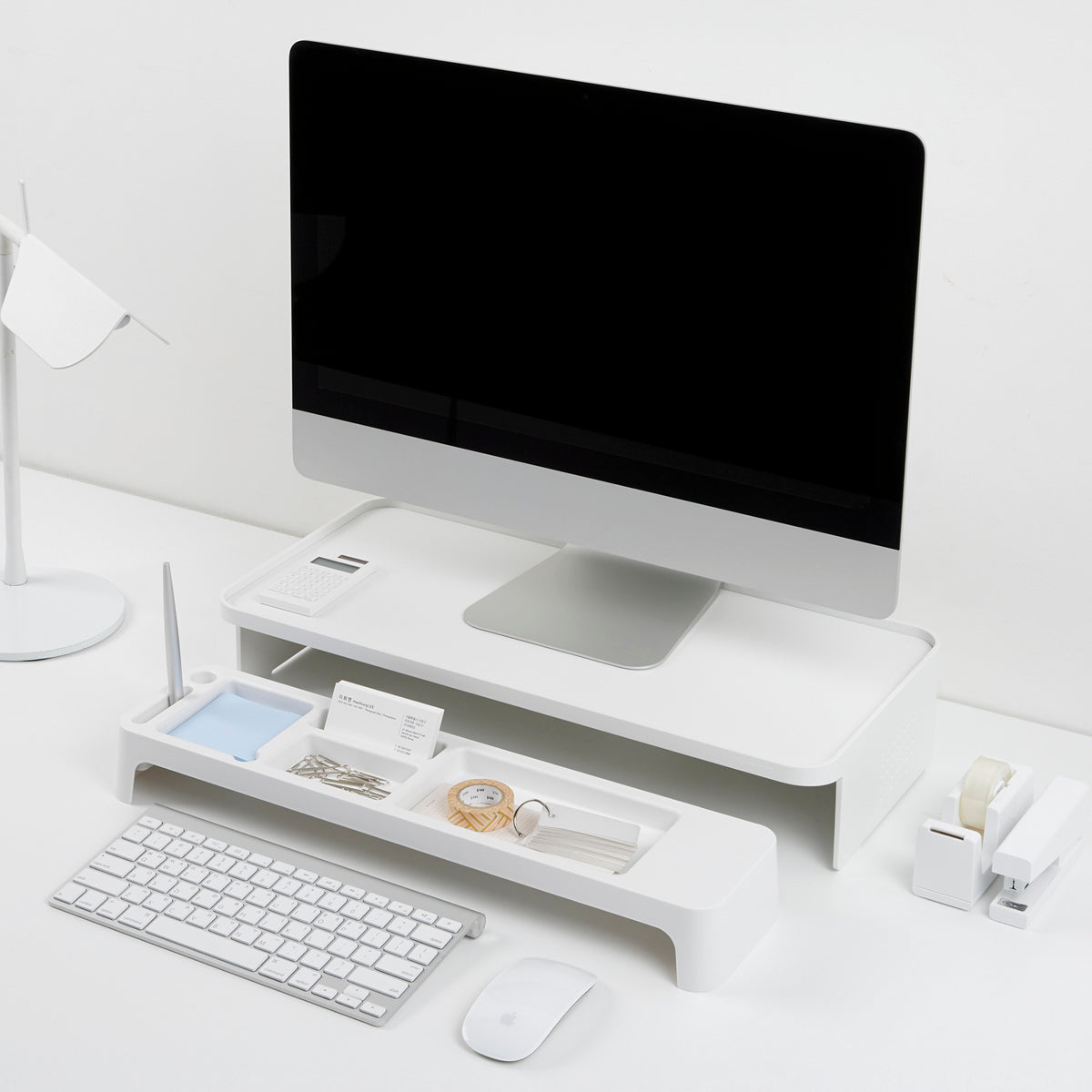 Simple Houseware Soporte elevador para monitor de escritorio con bandeja  organizadora ajustable, color blanco